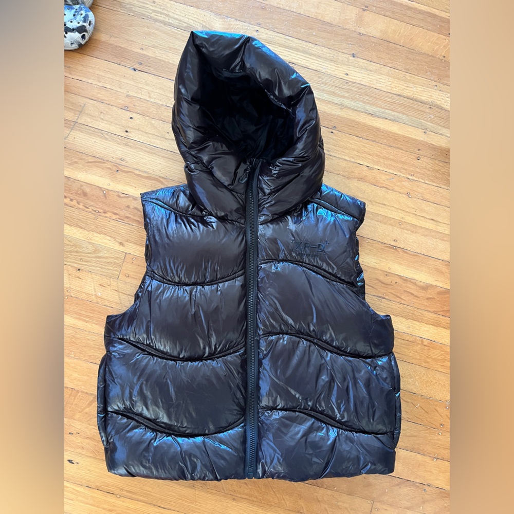 Superdry Shiny black puffer hoodie vest 10 42 M turtle hood Y2K puffy jacket